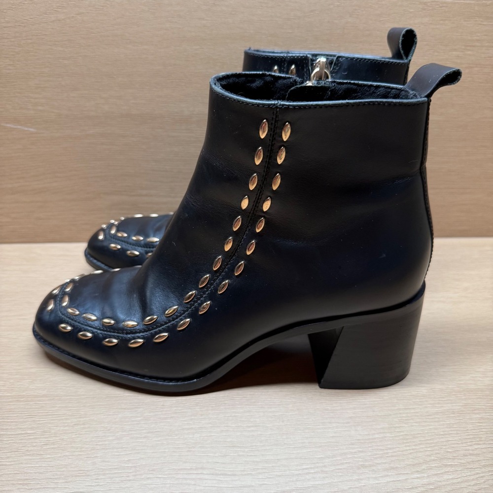 Kelsi Dagger Brooklyn Black Leather Studded Ankle Boots 7.5 Block Heel Booties - Picture 3 of 8